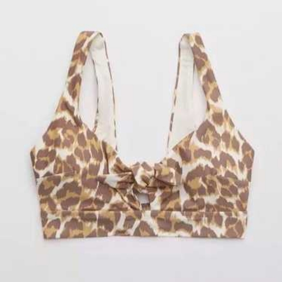 Aerie Leopard Animal Print Brown Wireless Swim Swimsuit Bikini Top Size Medium - Picture 1 of 5